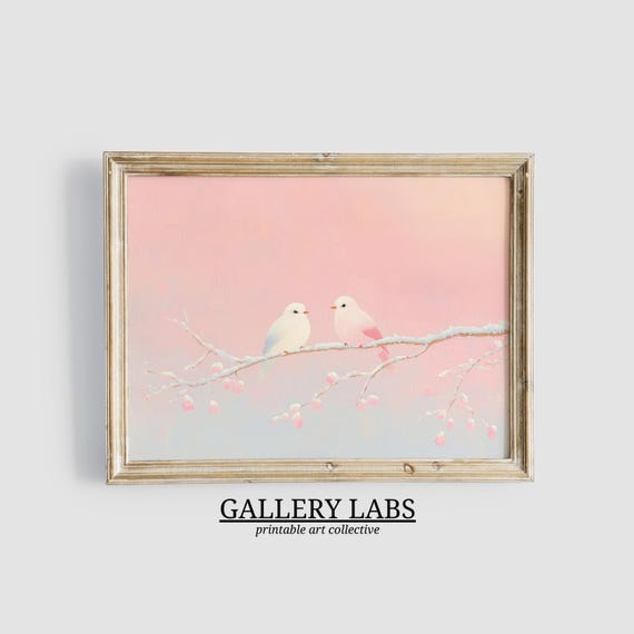 Pink Winter Birds Painting Girly Seasonal Decor Nature Wall Art Cute Festive Print Pink Christmas Decor