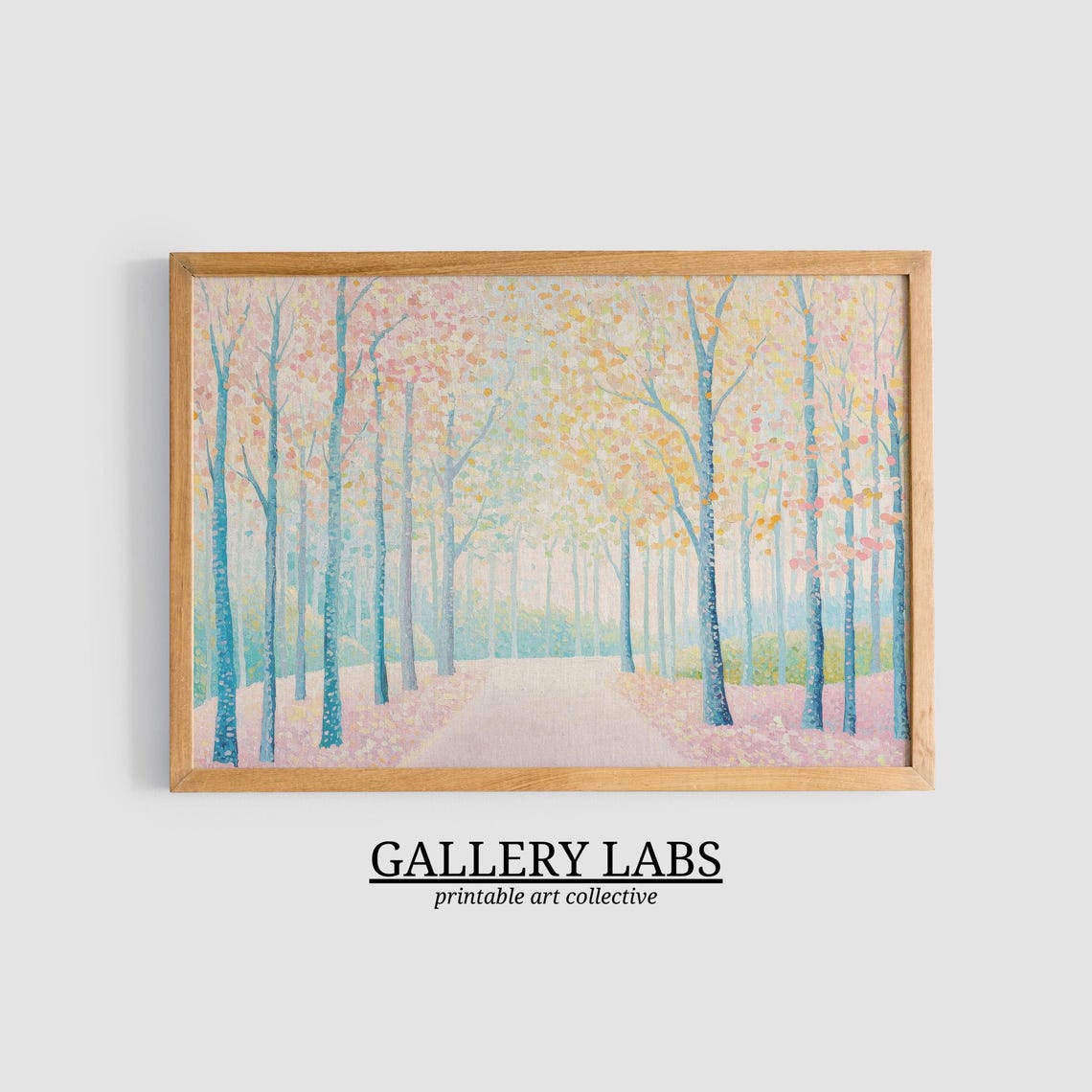 Pastel Pink Forest Avenue Autumn Trees Light Path Wall Art Poster - Image 3