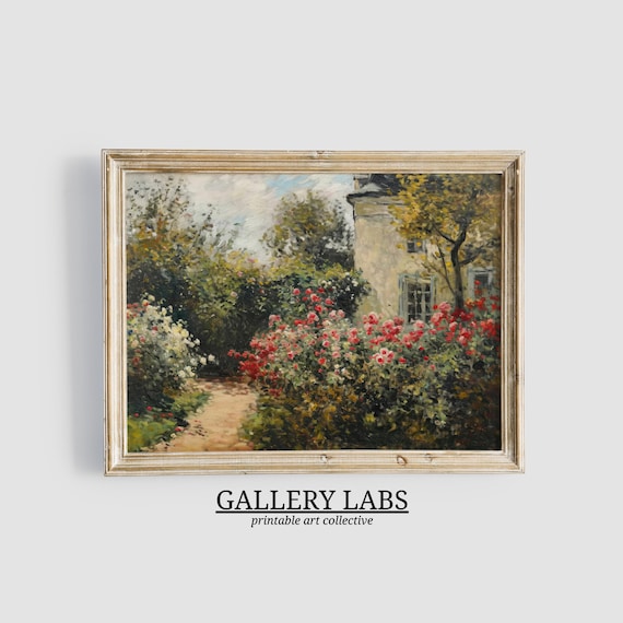 Cottage Rose Garden Painting Red Roses Stone House Path Art Print