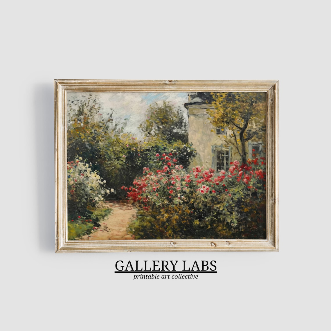 Cottage Rose Garden Painting Red Roses Stone House Path Art Print