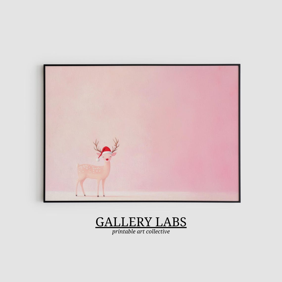 Pink Reindeer Santa Hat Minimalist Christmas Scene Wall Art Print - Image 2