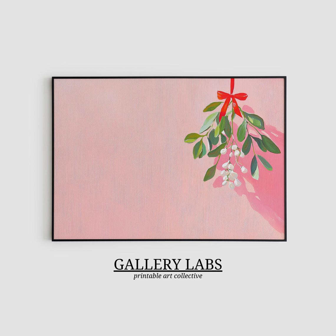 Pink Mistletoe Sprig Red Bow Christmas Botanical Wall Art Poster - Image 2