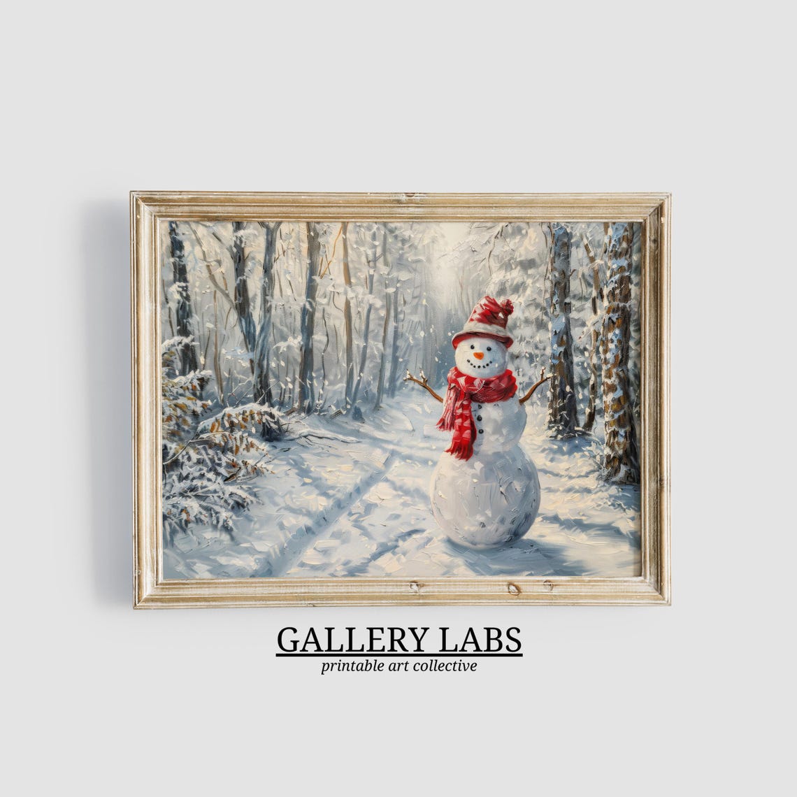 Cheerful Snowman Red Scarf Snowy Forest Winter Christmas Art Poster