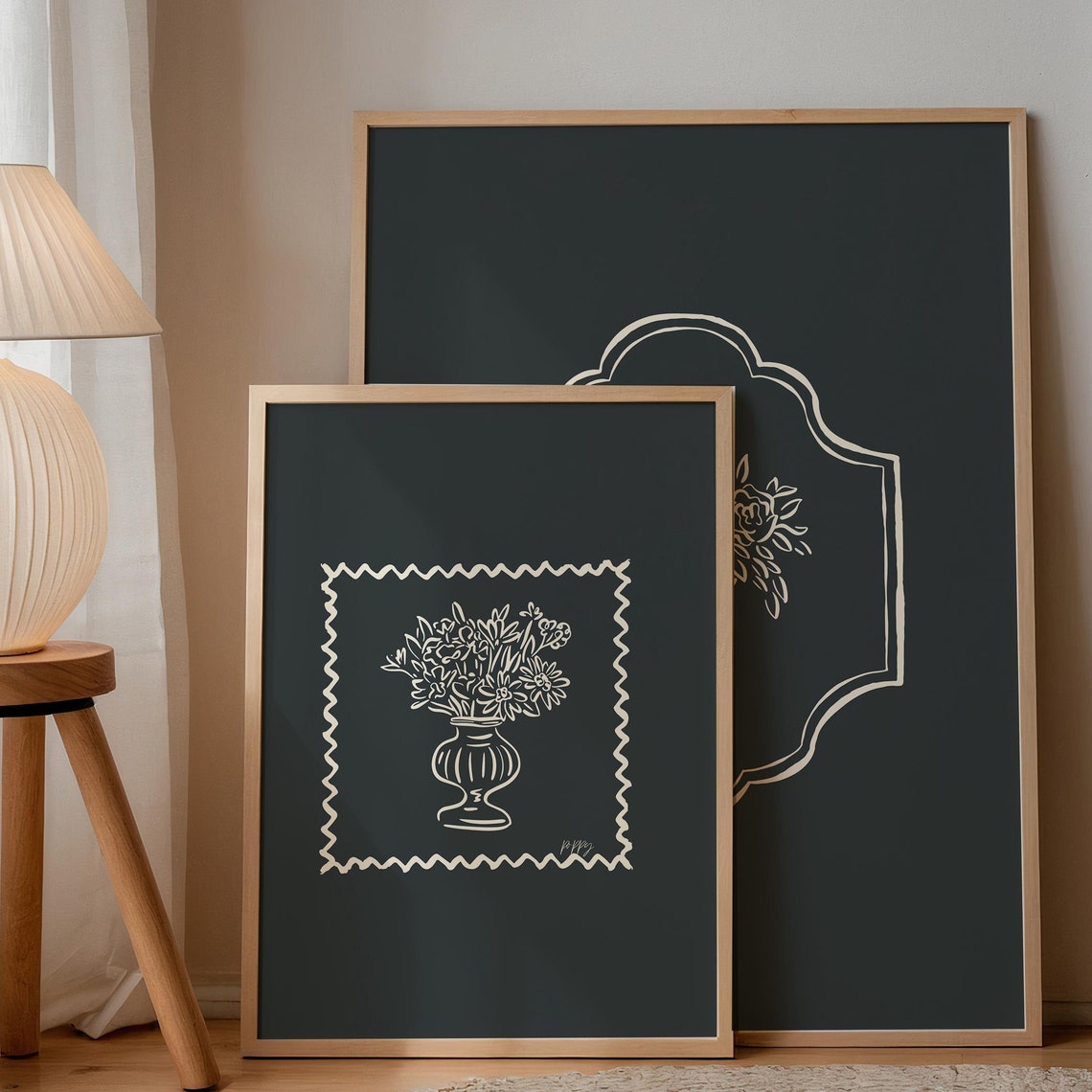 Cream Floral Urn Zigzag Border Charcoal Black Moody Botanical Poster