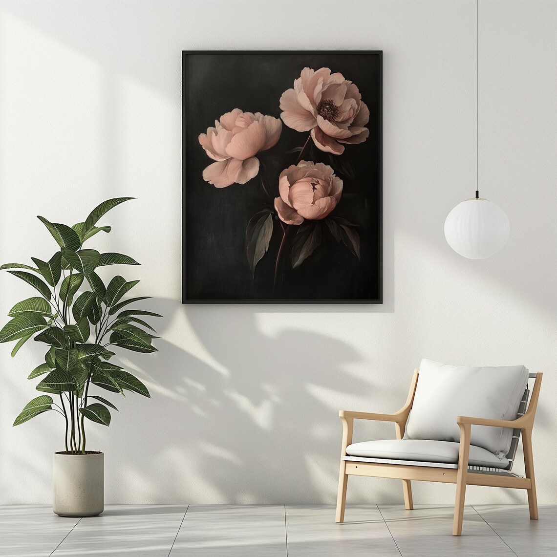 Pink Peonies on Black Background Dark Academia Floral Still Life Poster - Image 3