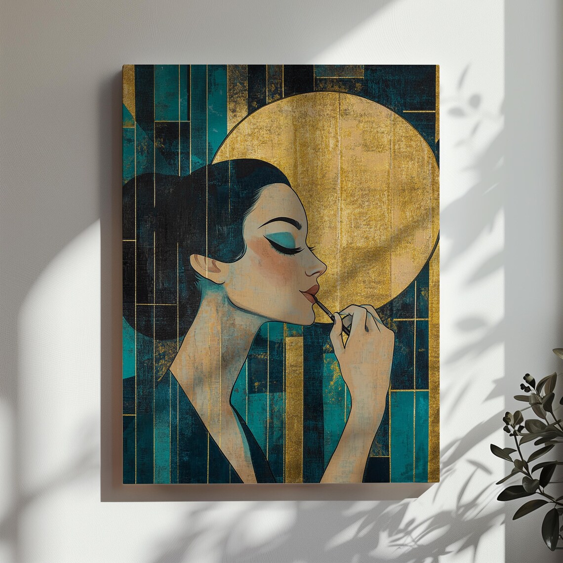 Art Deco Woman Applying Lipstick in Teal and Gold Glamour Poster - Image 3