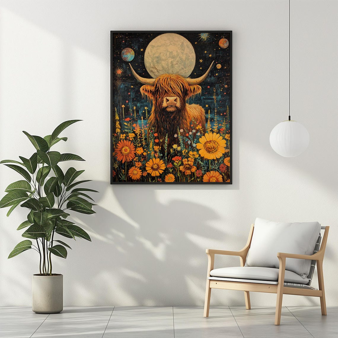 Highland Cow Under Full Moon Cosmic Night Sunflower Field Poster - Image 3