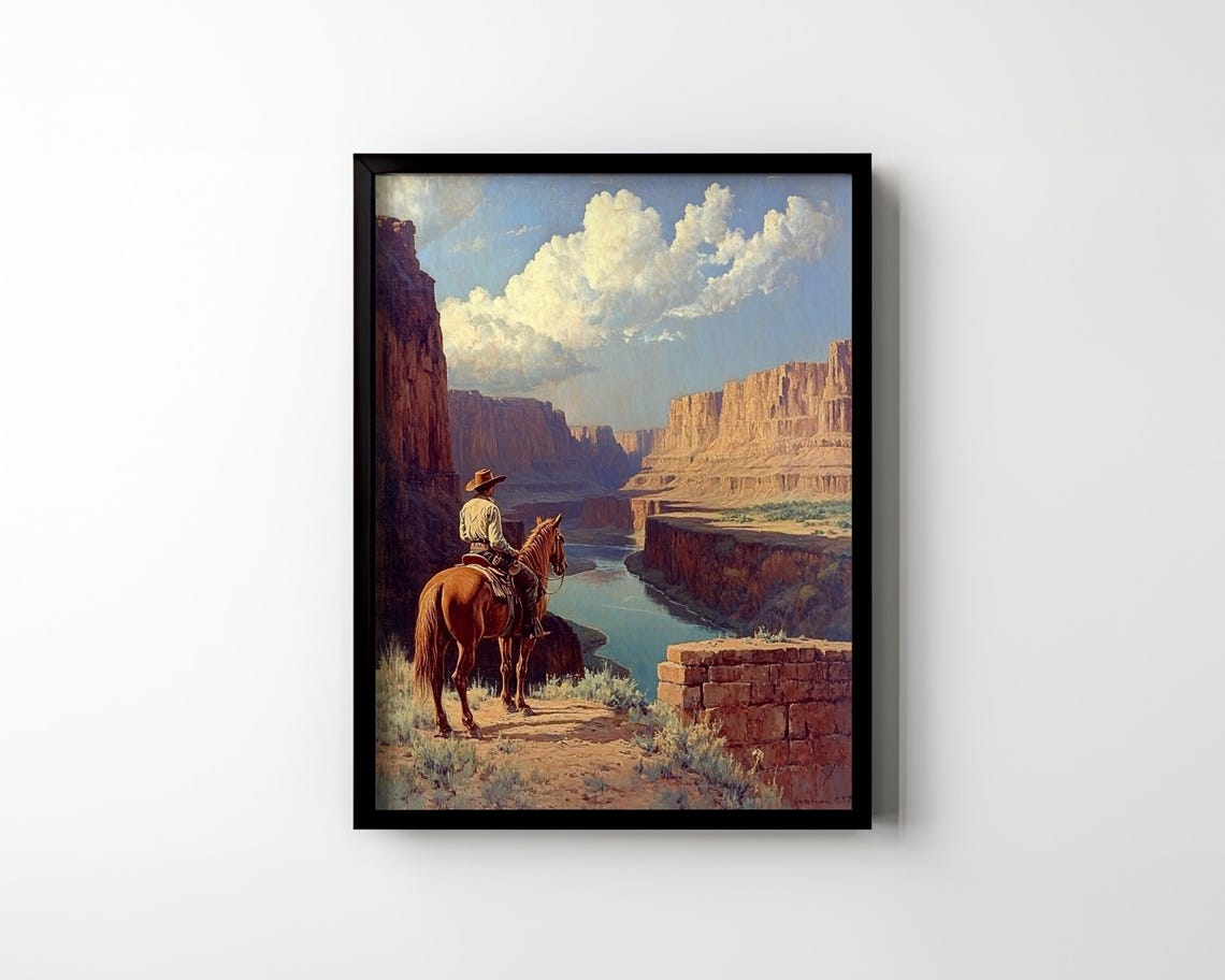 Cowboy Overlooking Desert Canyon River Grand Western Landscape Poster - Image 3