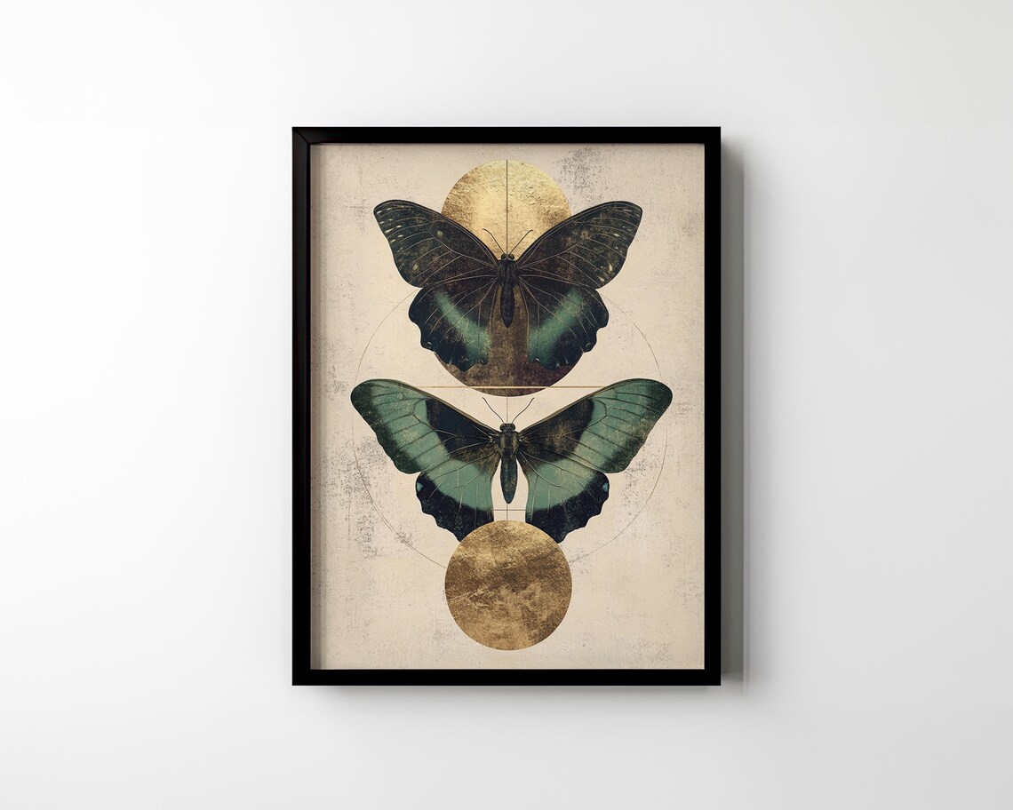 Twin Emerald Butterflies and Gold Moons Vintage Botanical Poster - Image 3