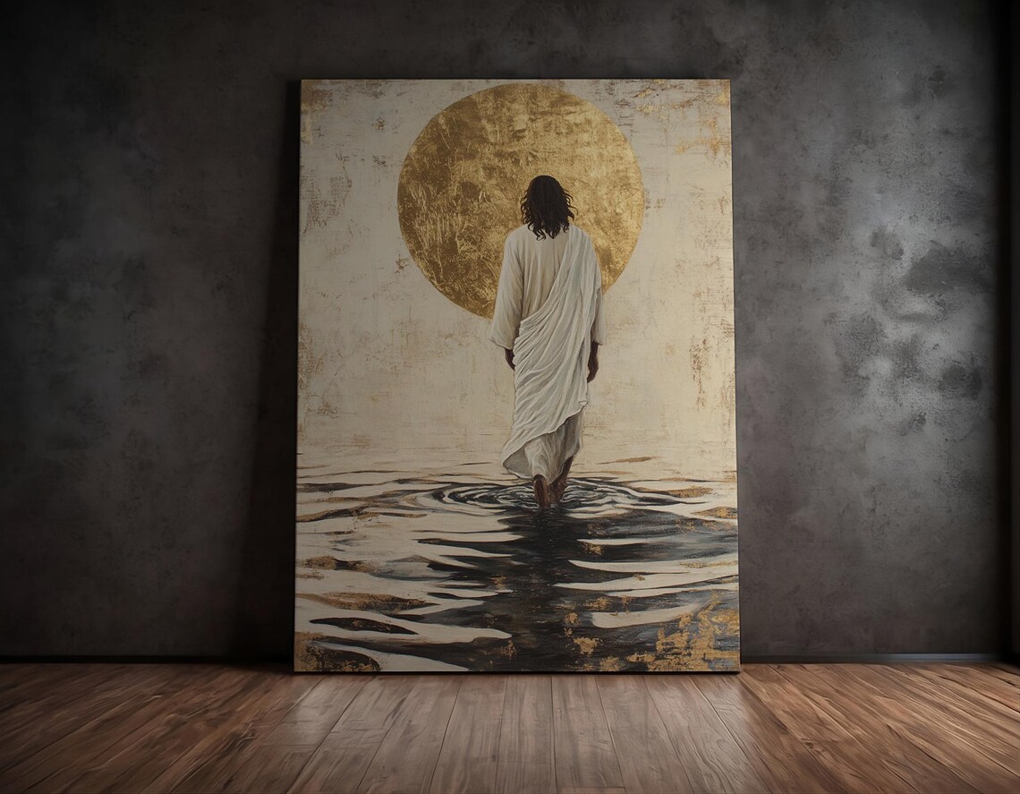Jesus Christ Walking On Water Gold Halo Christian Vintage Art Poster - Image 2