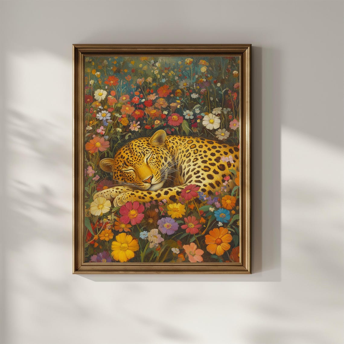 Sleeping Leopard Resting in a Wildflower Meadow Vintage Art Poster - Image 3