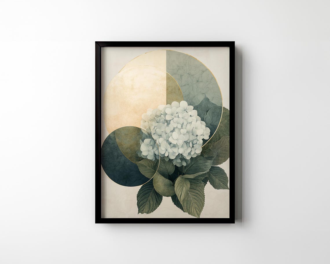 White Hydrangea Bloom and Golden Circles Modern Botanical Poster - Image 3