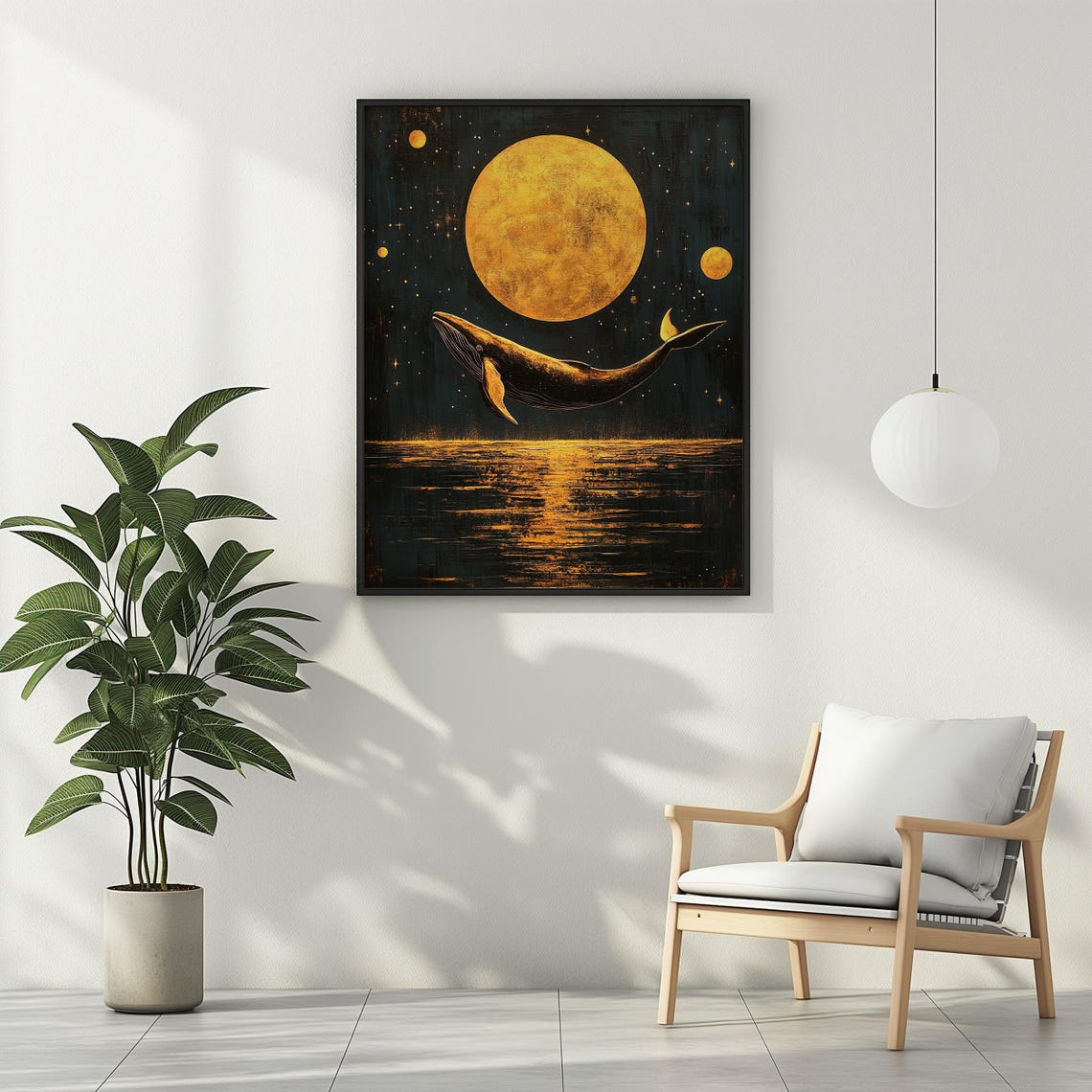 Humpback Whale Swimming Beneath Golden Full Moon Dark Ocean Wall Art - Image 3