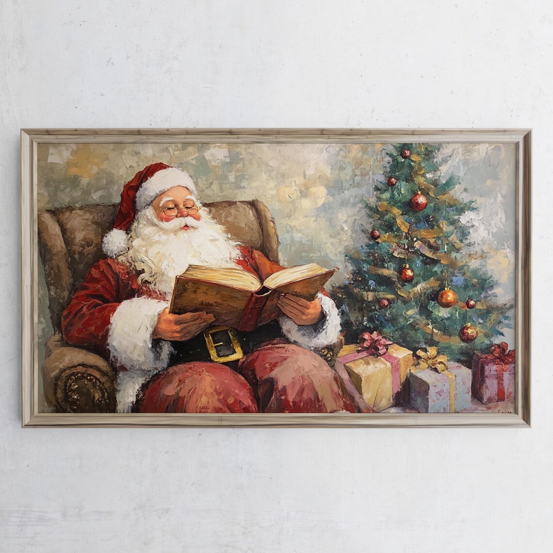 Santa Claus Reading Book by Christmas Tree Vintage Oil Painting Poster