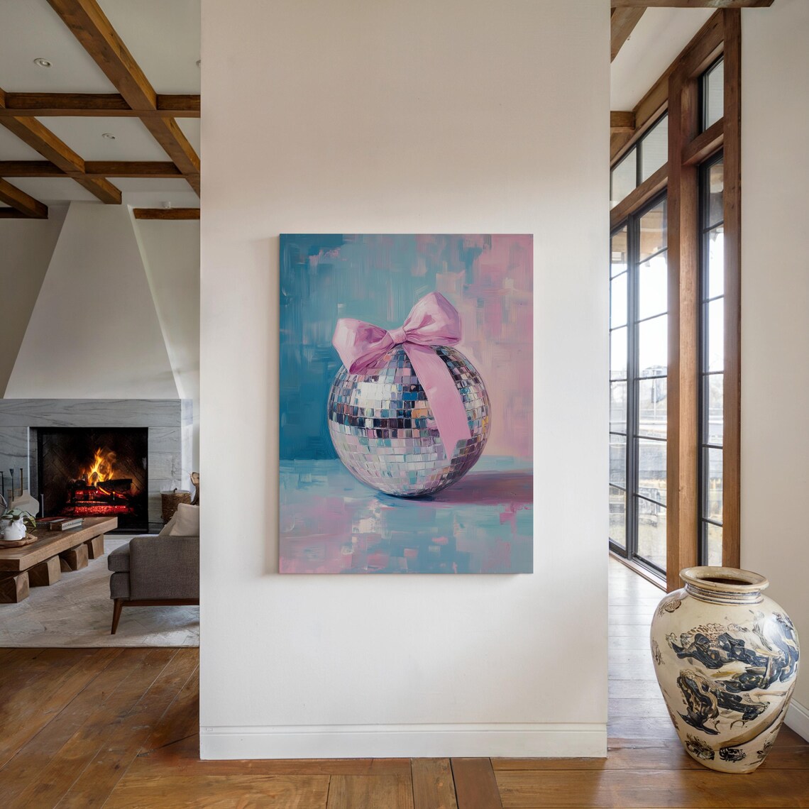 Disco Ball With Pink Bow Teal Glam Oil Painting Wall Art Poster - Image 2