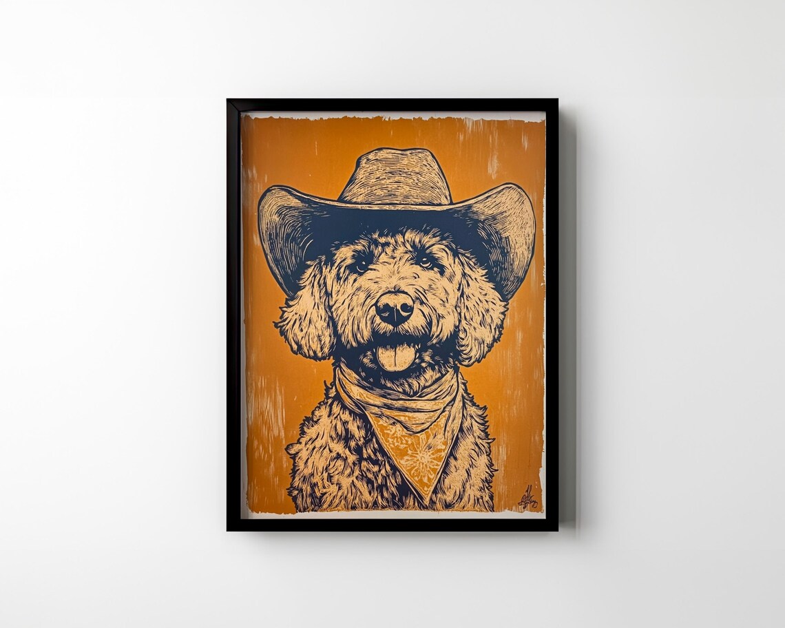 Goldendoodle Cowboy Hat Bandana Western Linocut Dog Wall Art Poster - Image 2