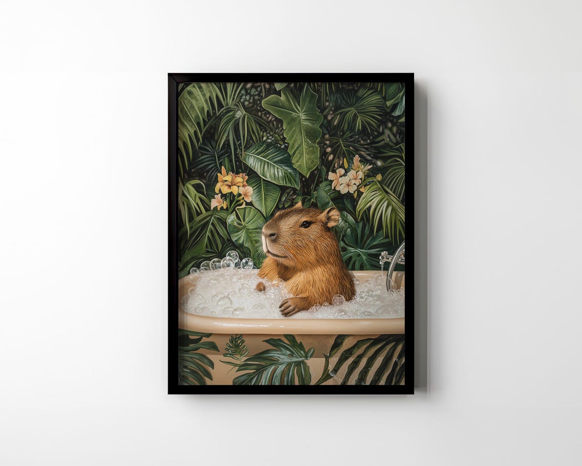 Capybara Bubble Bath Jungle Tropical Funny Bathroom Vintage Poster - Image 3
