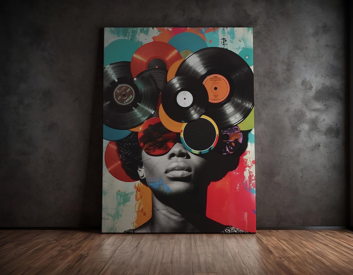 Pop Art Woman With Vinyl Records Colorful Retro Music Collage Poster - Image 2