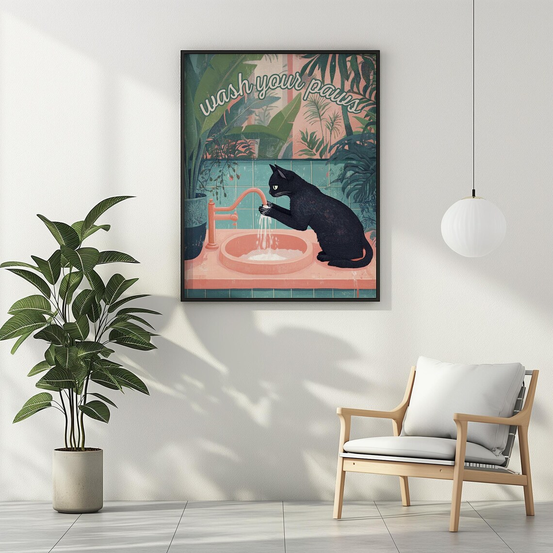 Wash Your Paws Black Cat Bathroom Art Print - Image 2