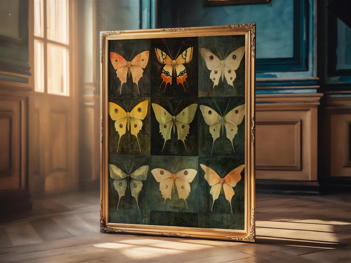 Vintage Moth Illustration Grid Dark Academia Entomology Poster - Image 2