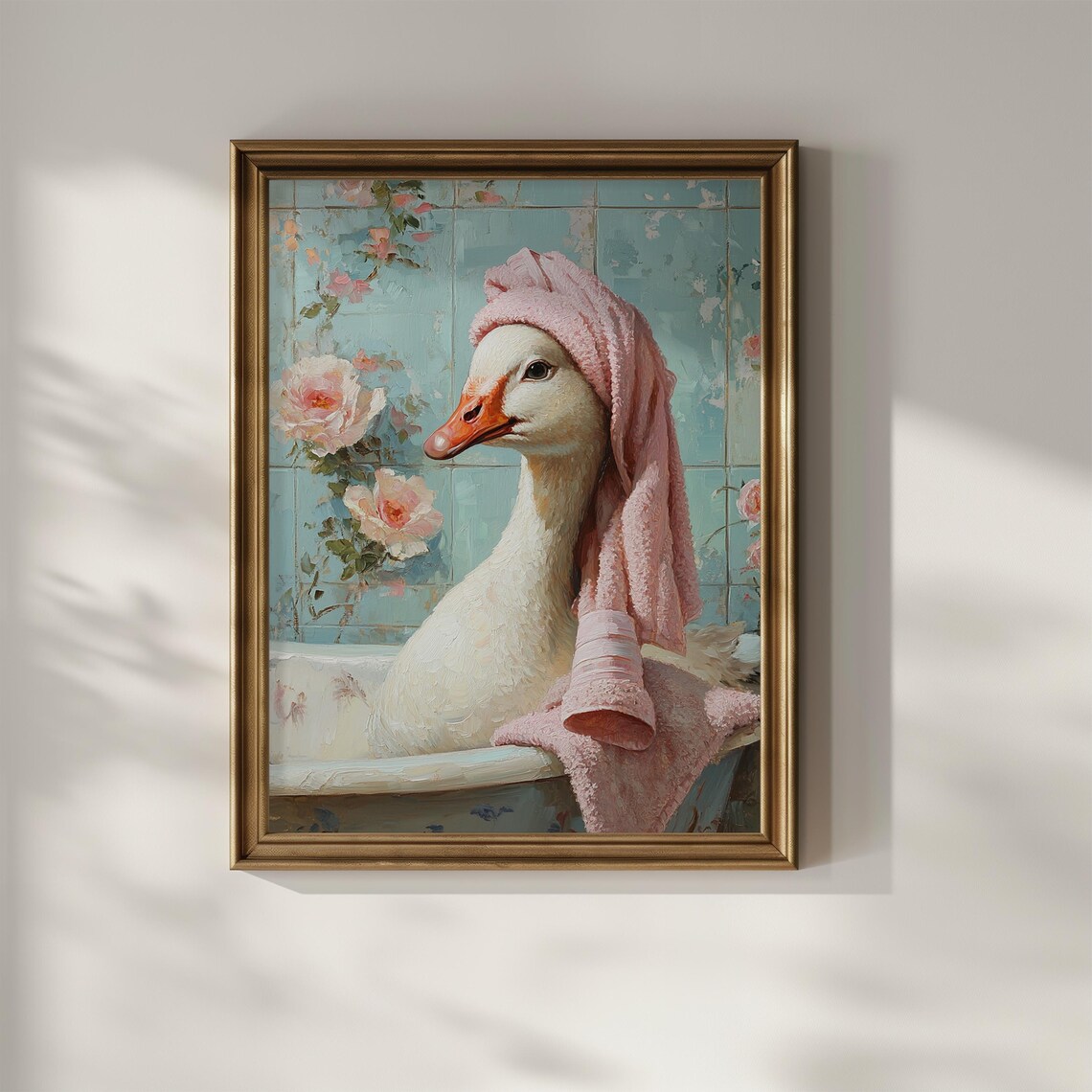 White Duck Spa Day with Pink Towel in Vintage Bathtub Art Poster - Image 2