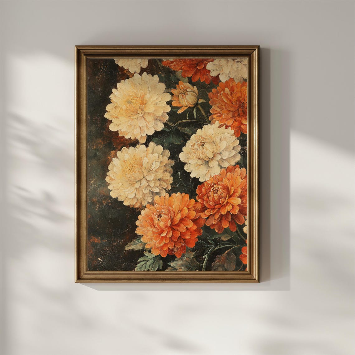 Cream and Orange Chrysanthemums Moody Dark Floral Oil Painting Poster - Image 2