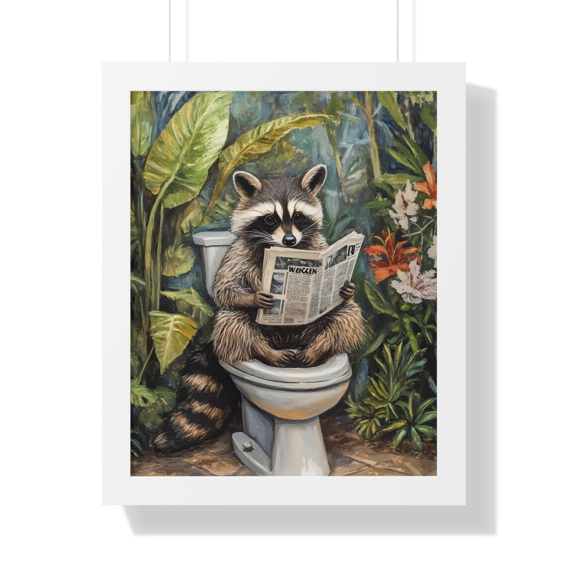 Funny Raccoon Reading Newspaper on a Toilet Tropical Bathroom Poster - Image 2