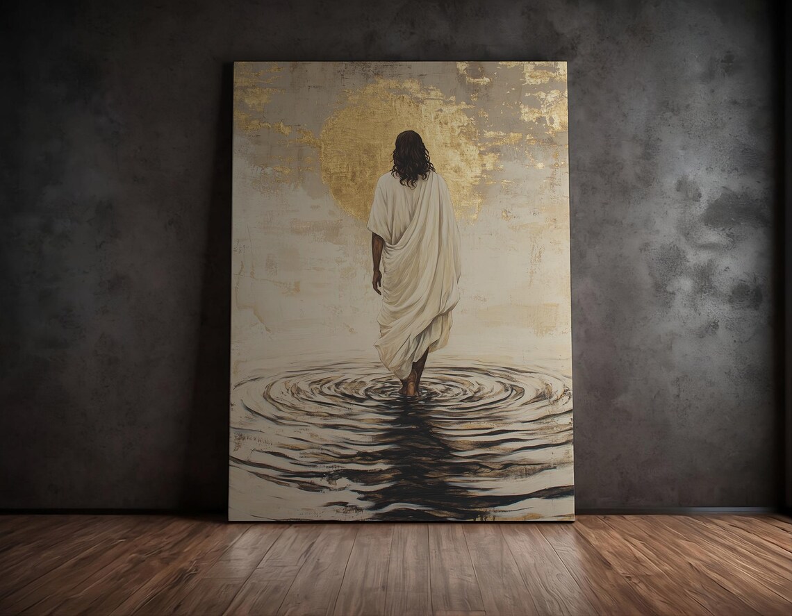 Jesus Christ Walking On Water Gold Vintage Christian Art Poster - Image 2