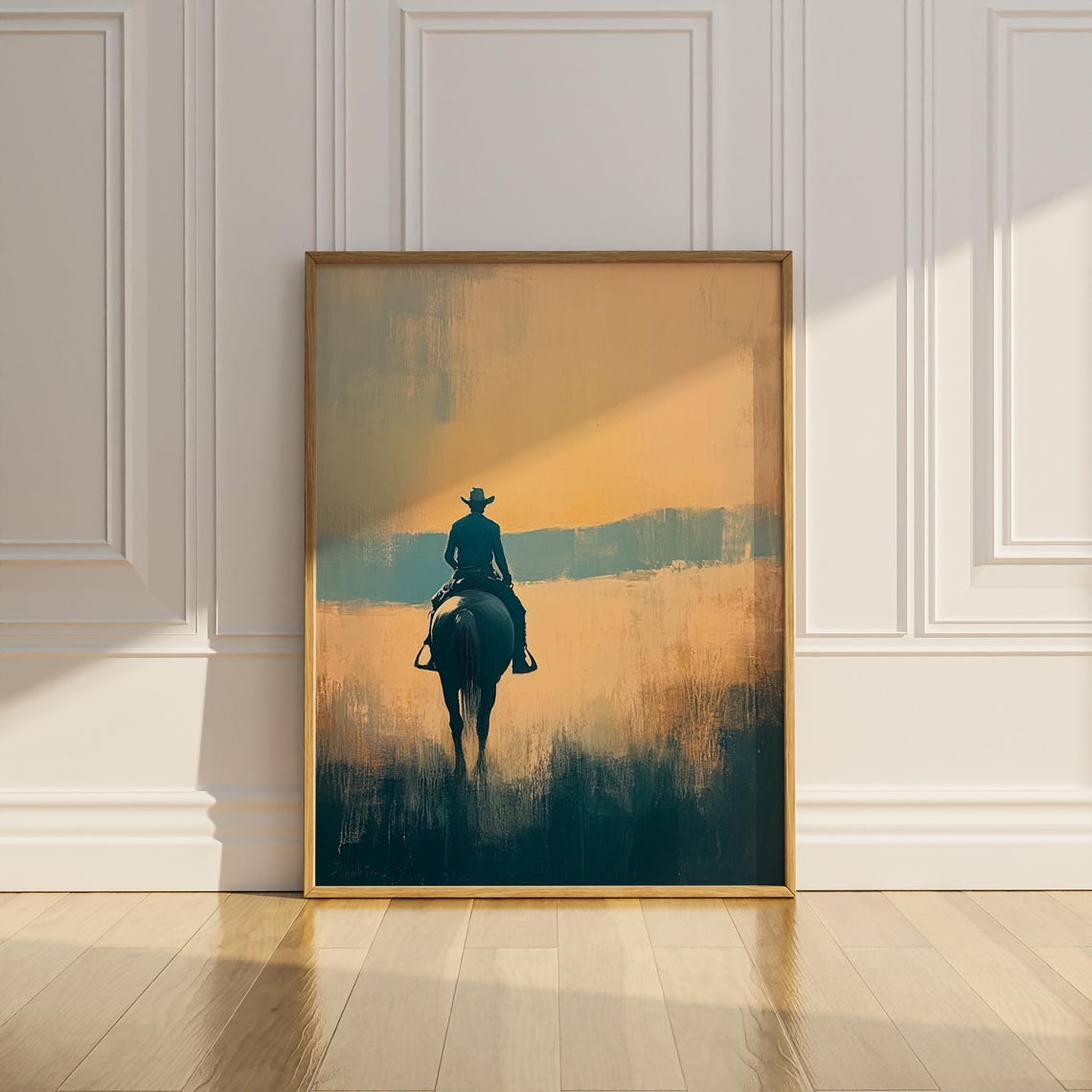 Cowboy Silhouette on Horseback at Sunset Abstract Desert Poster - Image 3