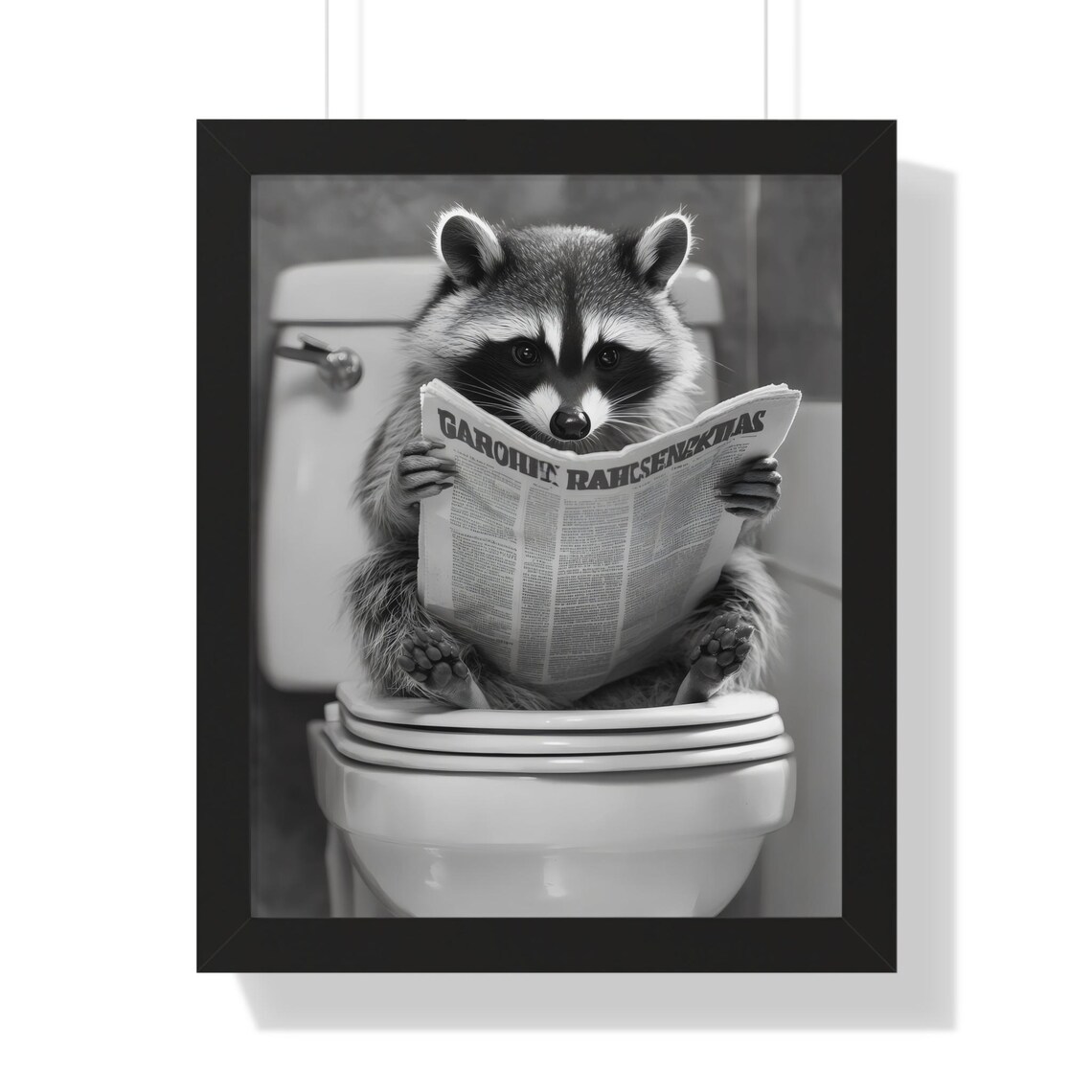 Black and White Funny Raccoon Reading Newspaper on Toilet Poster - Image 3