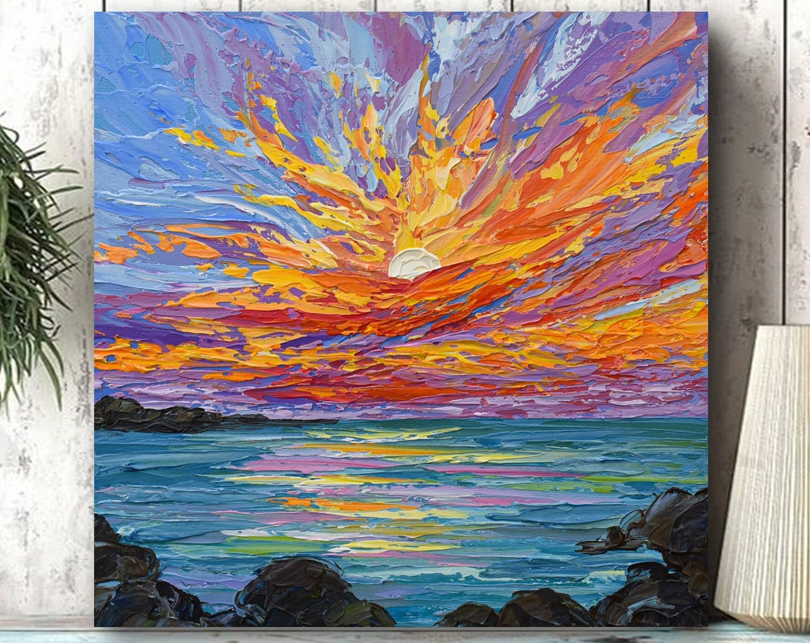 Dramatic Sunset Ocean Rocky Shore Purple Orange Sky Seascape Art Print