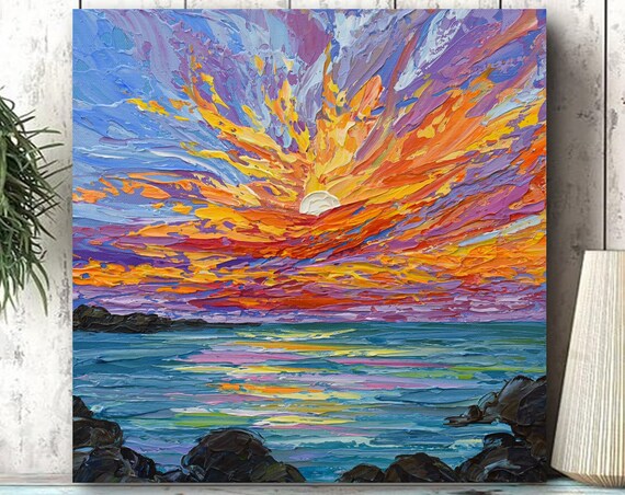 Dramatic Sunset Ocean Rocky Shore Purple Orange Sky Seascape Art Print