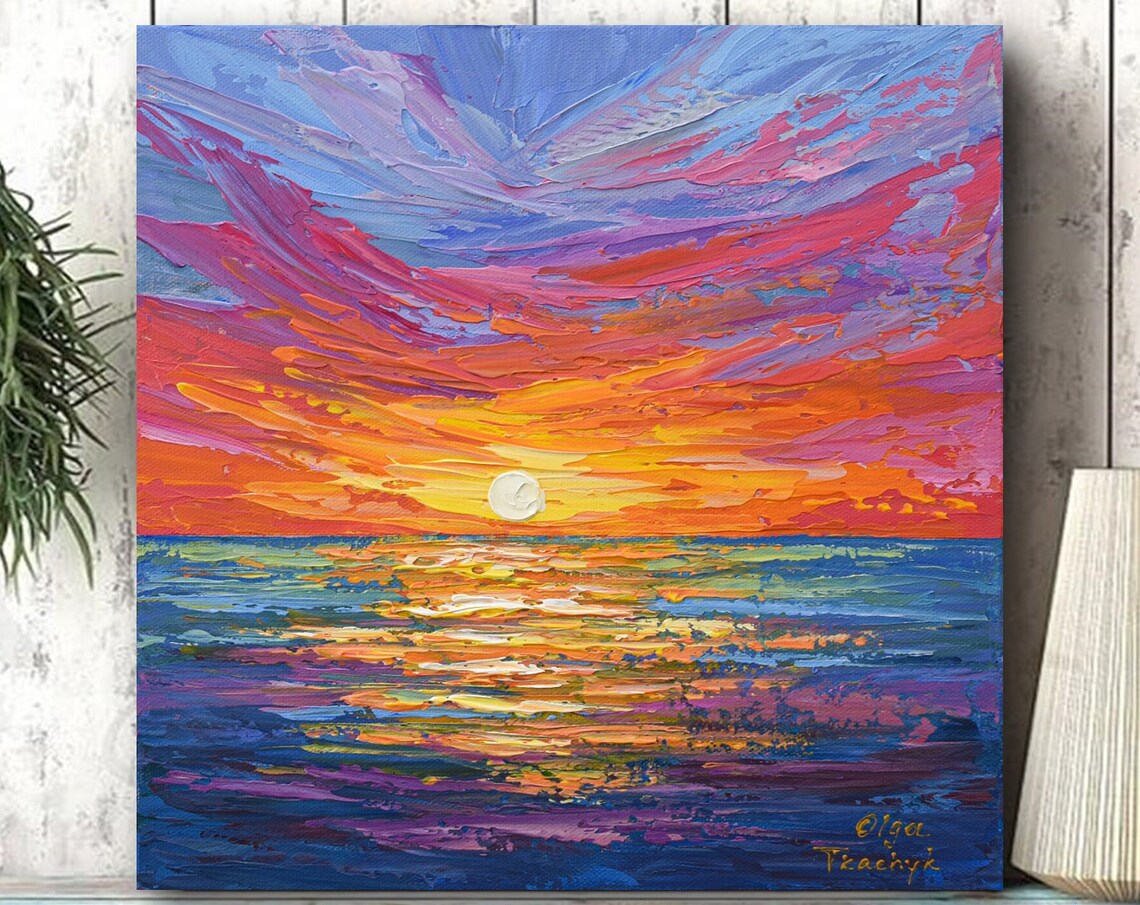 Vivid Sunset Over Ocean Waves Orange Pink Sky Impasto Seascape Art Print