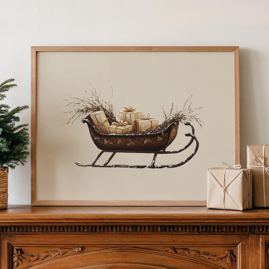 Vintage Christmas Sleigh Rustic Holiday Art Print