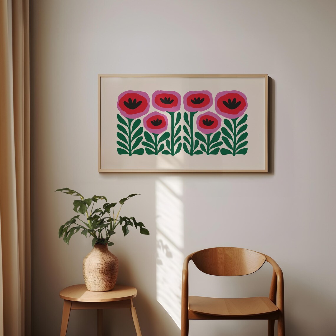 Retro Pink Red Poppy Flowers Green Stems Bold Floral Decor Poster - Image 5