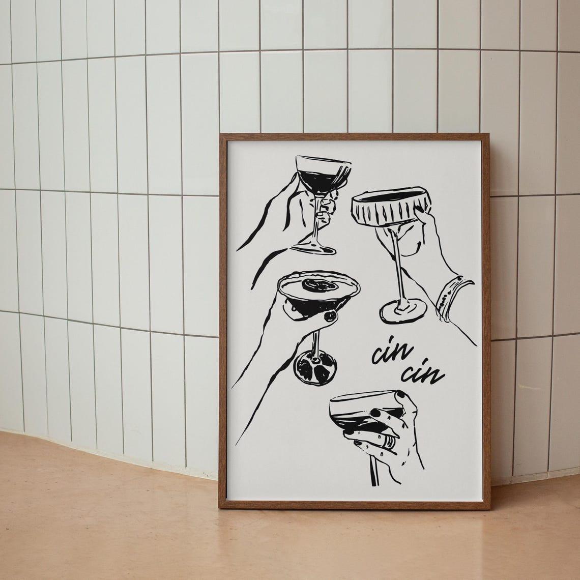 Cin Cin Cocktail Cheers Black Ink Hands Toasting Bar Cart Wall Poster - Image 4