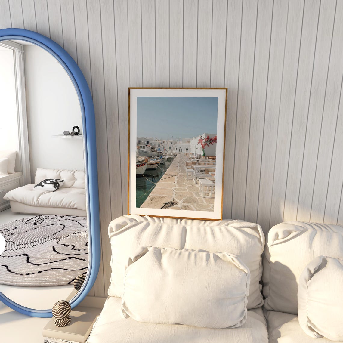 Greek Island Fishing Boats Harbor White Village Coastal Poster - Image 6