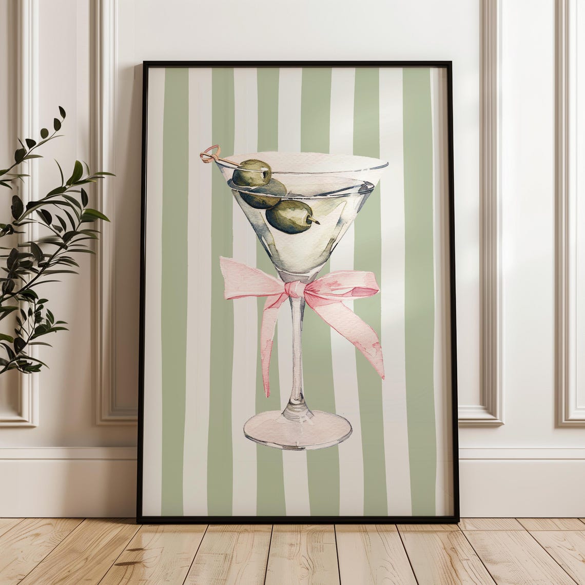 Martini Glass Olive Pink Bow on Green Stripes Bar Art Poster - Image 3