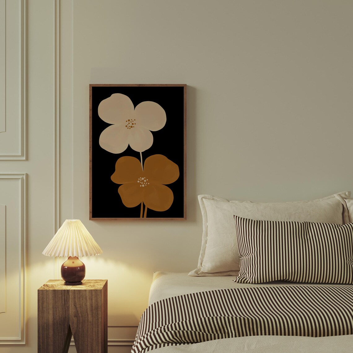 Moody Black Floral Cream Flower Mid Century Minimalist Wall Art - Image 5