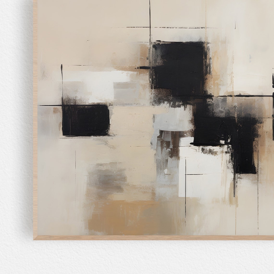 Mid Century Modern Beige Black Grid Squares Abstract Art Poster - Image 2