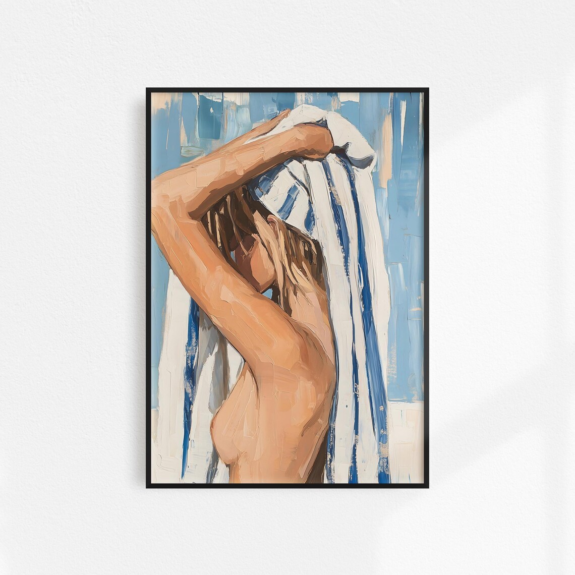 Blue Striped Beach Towel Woman Drying Hair Oil Painting Poster
