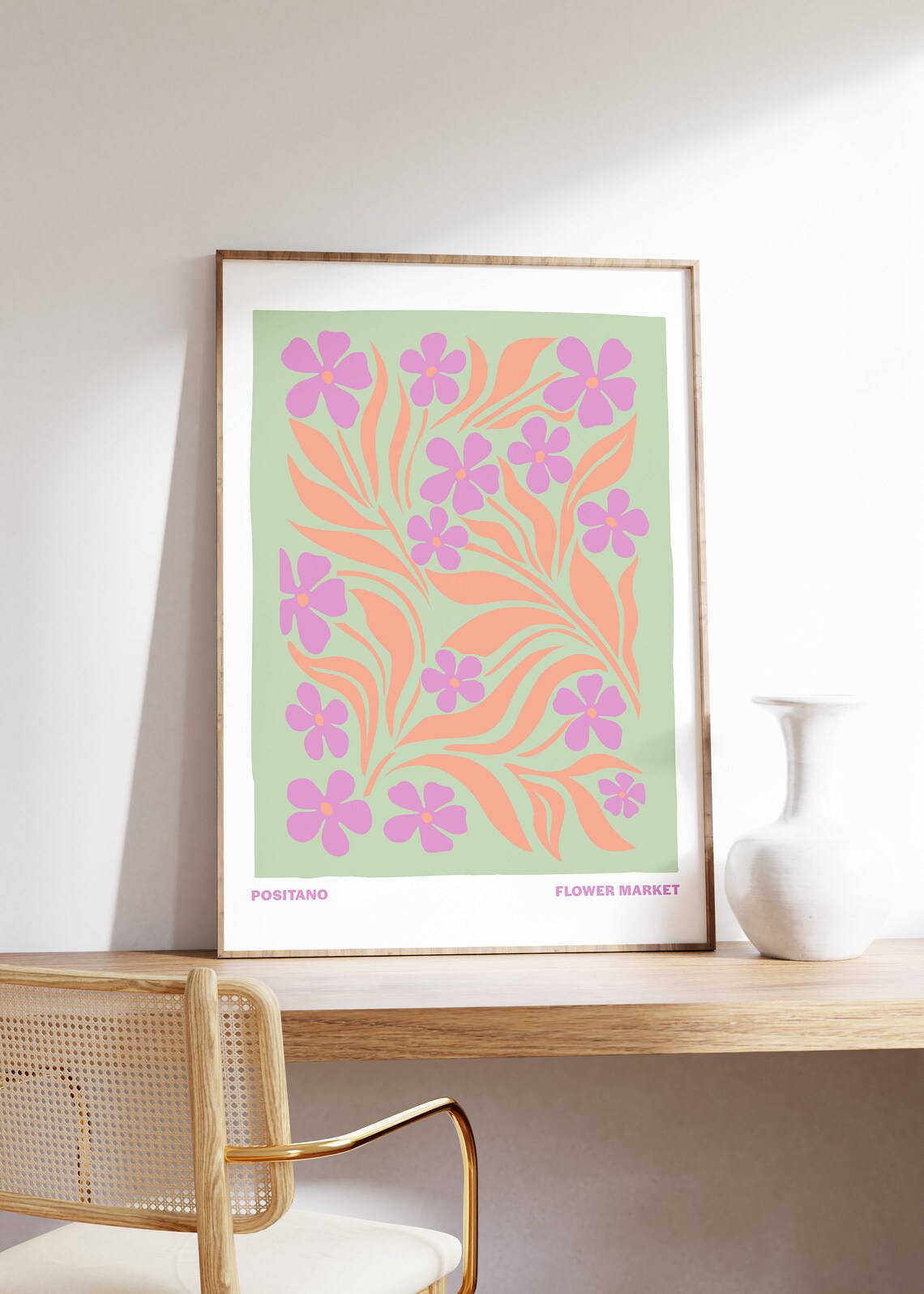 Positano Flower Market Pink Purple Floral On Sage Green Art Poster - Image 3