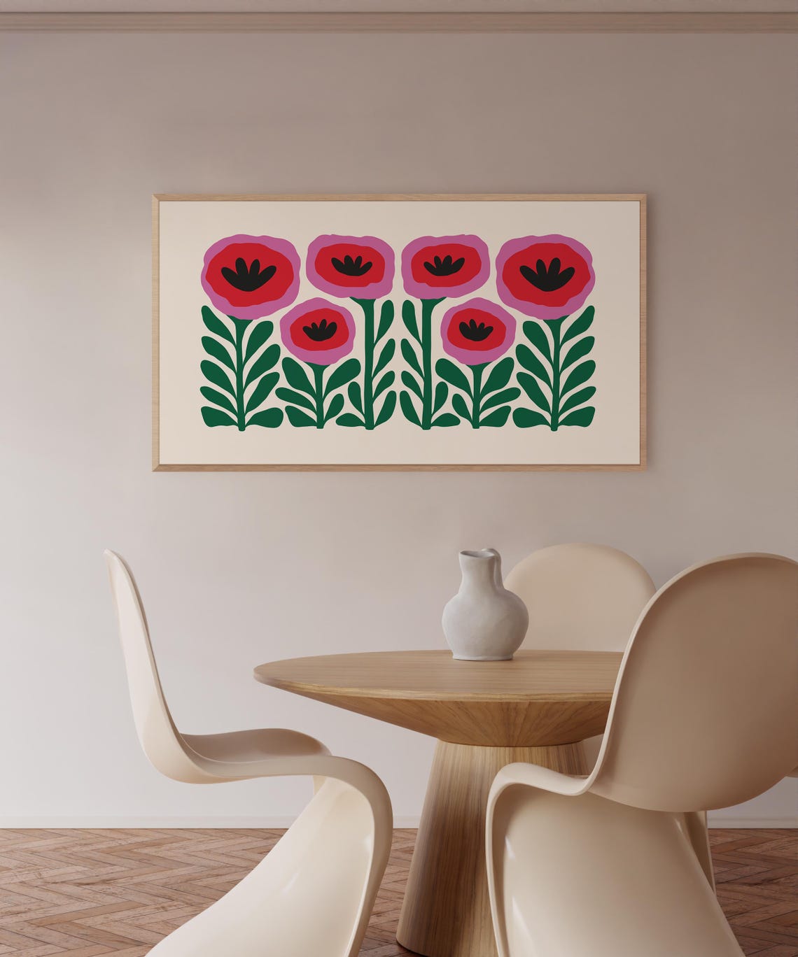 Retro Pink Red Poppy Flowers Green Stems Bold Floral Decor Poster - Image 3