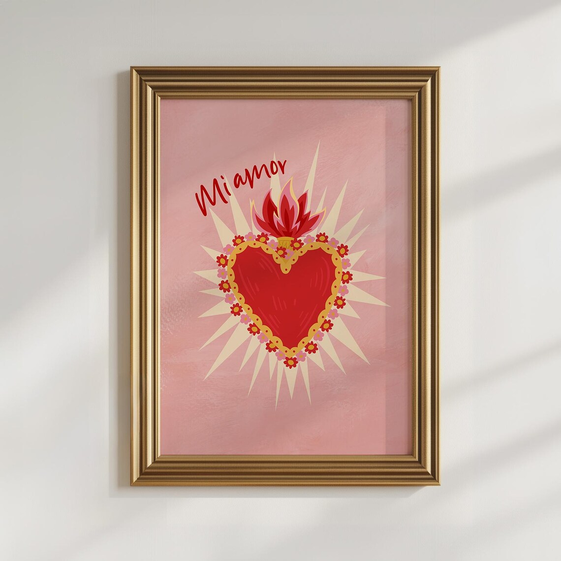 Mi Amor Sacred Heart Floral Folk Art Pink Religious Wall Art