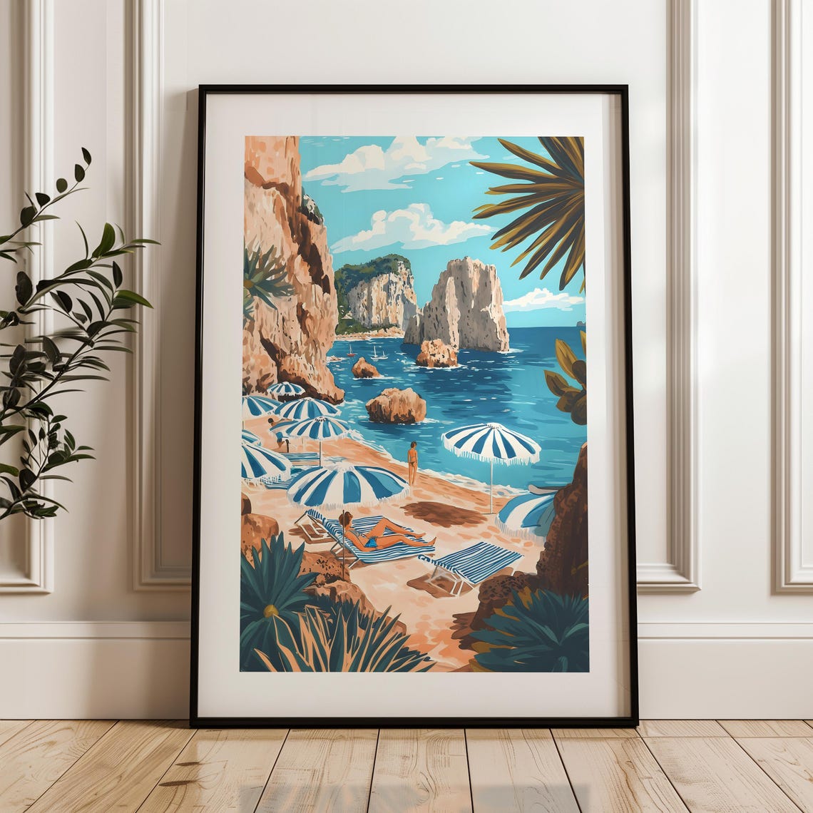 Capri Beach Faraglioni Rocks Striped Umbrellas Italy Travel Poster - Image 3