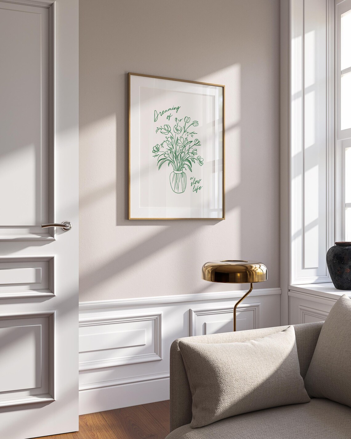 Dreaming Of A Slow Life Green Floral Bouquet Line Drawing Wall Art - Image 2