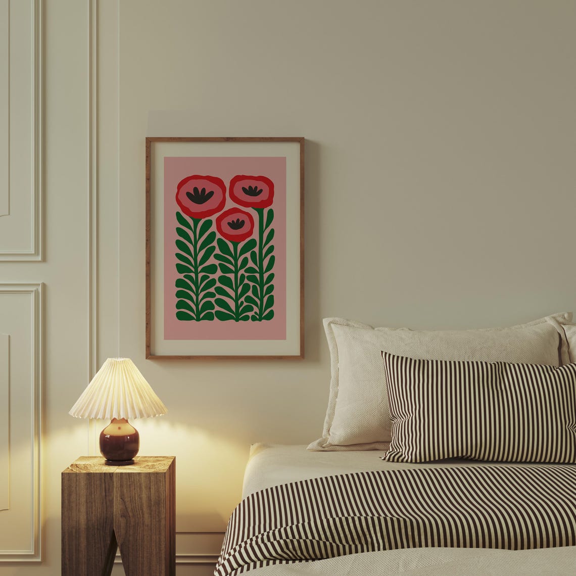 Three Red Poppy Flowers Pink Green Retro Botanical Blooms Poster - Image 2