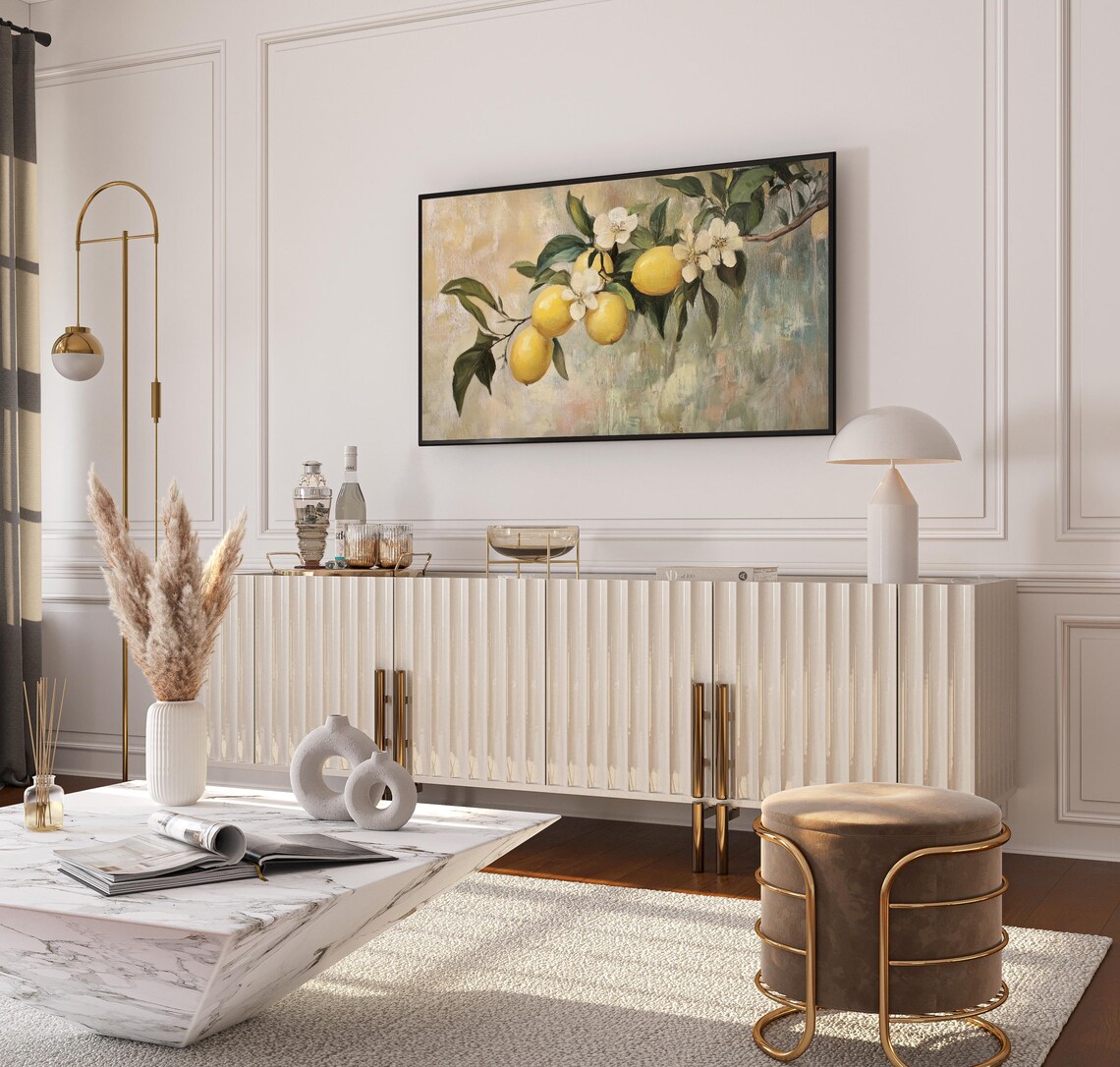 Ripe Lemons on Branch with Blossoms Vintage Oil Painting Poster - Image 3