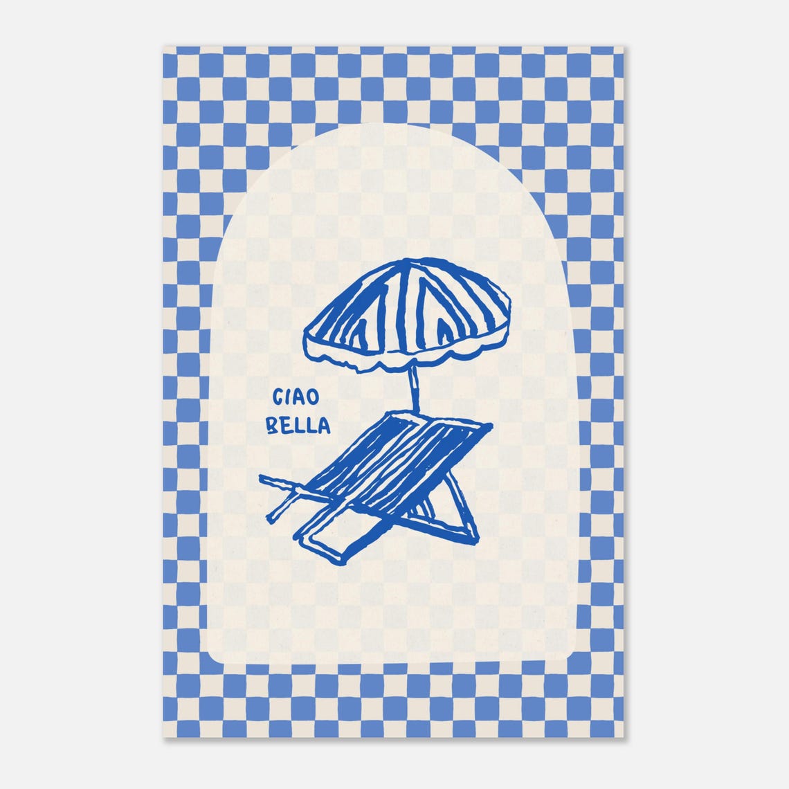 Ciao Bella Blue Beach Umbrella Checkerboard Retro Art Poster - Image 2