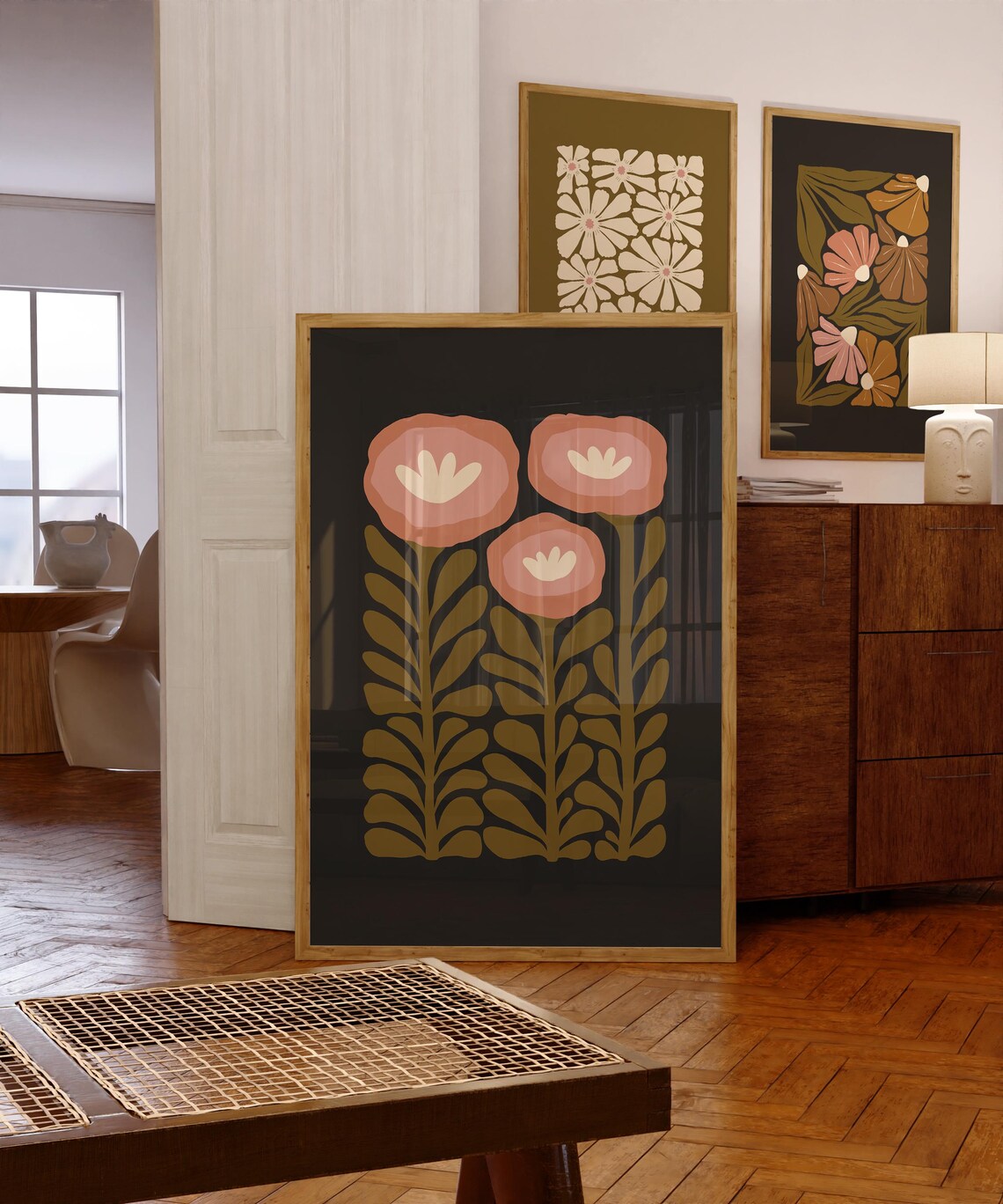 Moody Botanical Floral Art Print, Scandinavian Folk Art